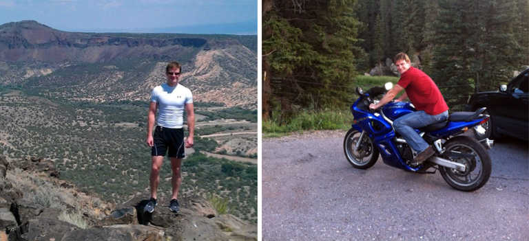 Geoff Fairchild portraits - Hiking (L) - On a parked motorcycle (R)