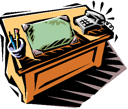 Classic clip art of a wooden desk with writing pad, phone, and pen holder