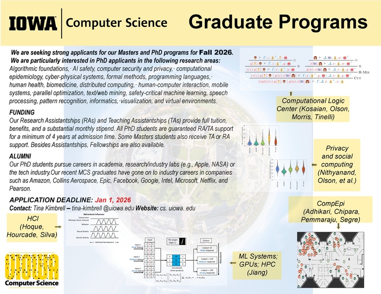 We are seeking strong applicants for our Masters and PhD programs for Fall 2025. We are particularly interested in PhD applicants in the following research areas: Algorithmic foundations, AI safety, computer security and privacy, computational epidemiology, cyber-physical systems, formal methods, programming languages, human health, biomedicine, distributed computing, human-computer interaction, mobile systems, parallel optimization, text/web mining, safety-critical machine learning, speech process