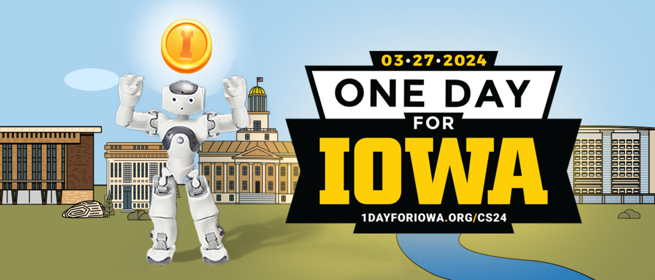 One day for Iowa graphic with stylised UIowa buildings and a NAO robot supporting a golf coin. 
